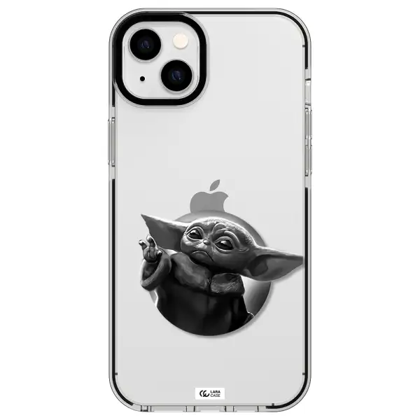 a black and white image of a baby yoda Apple iPhone 14 plus impact black border Case