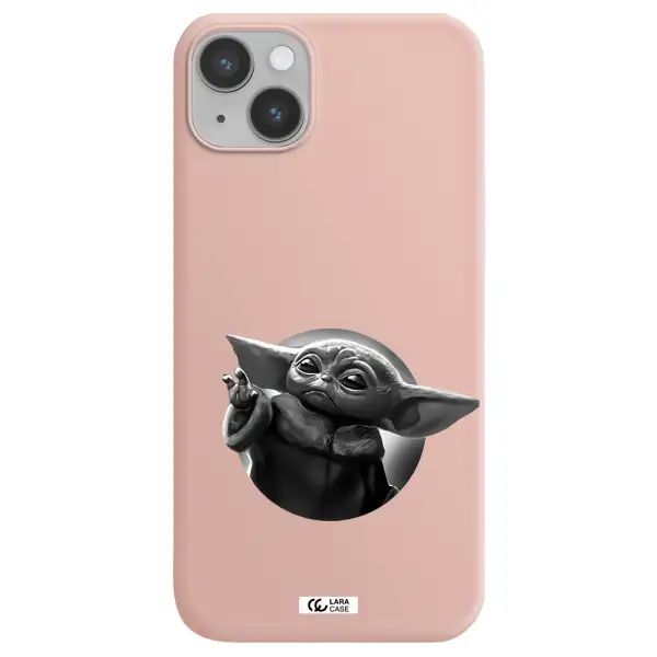 a black and white image of a baby yoda Apple iPhone 14 plus Silicone pastel pink Case