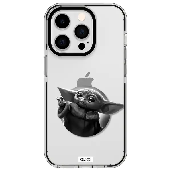 a black and white image of a baby yoda Apple iPhone 14 pro impact black border Case