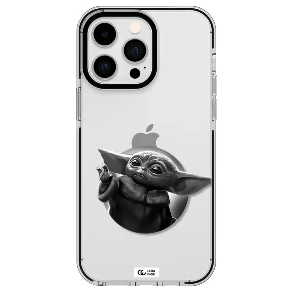 a black and white image of a baby yoda Apple iPhone 14 pro max impact black border Case