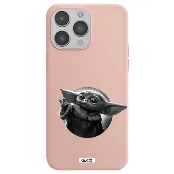 a black and white image of a baby yoda Apple iPhone 14 pro Silicone pastel pink Case