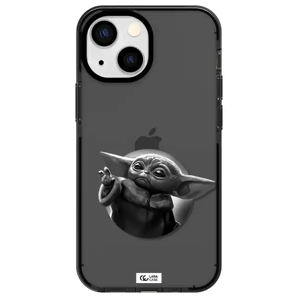 a black and white image of a baby yoda Apple iPhone 15 impact Smoke Black Case