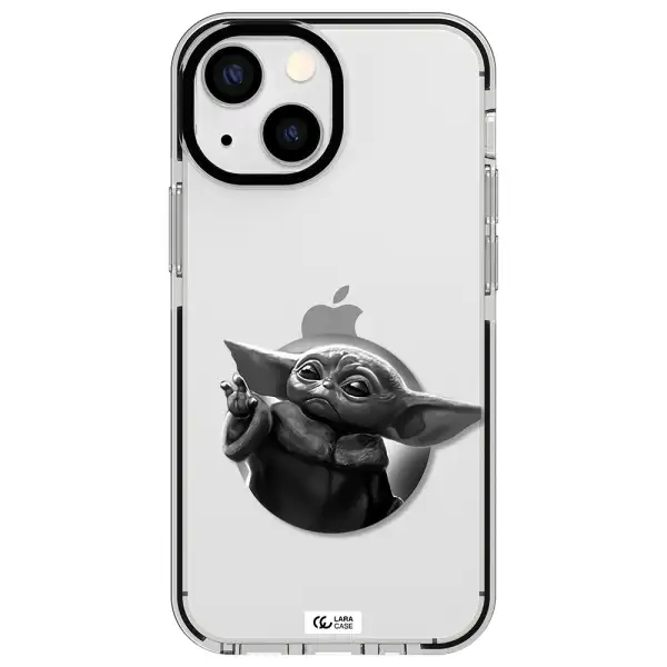 a black and white image of a baby yoda Apple iPhone 15 Plus impact black border Case