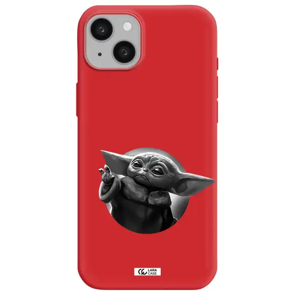 a black and white image of a baby yoda Apple iphone 15 plus Silicone Imperial Red Case