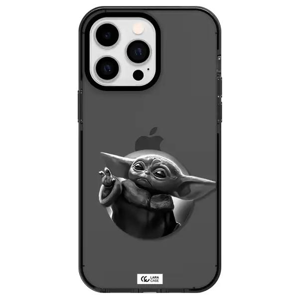 a black and white image of a baby yoda Apple iPhone 15 Pro Max impact Smoke Black Case