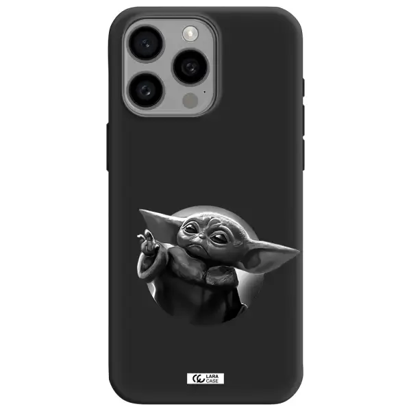 a black and white image of a baby yoda Apple Iphone 15 Pro max Silicone black Case