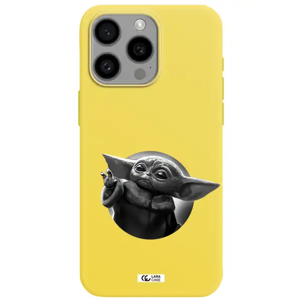 a black and white image of a baby yoda Apple Iphone 15 Pro max Silicone canary yellow Case