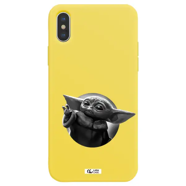 a black and white image of a baby yoda Apple iPhone XS Silicone canary yellow Case