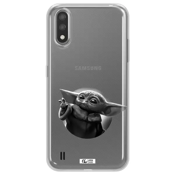 a black and white image of a baby yoda Samsung A01 Clear TPU Case