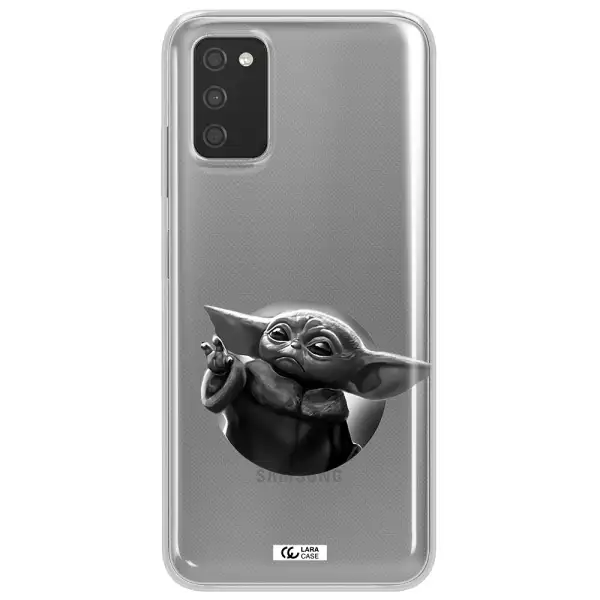 a black and white image of a baby yoda Samsung A03S Clear TPU Case