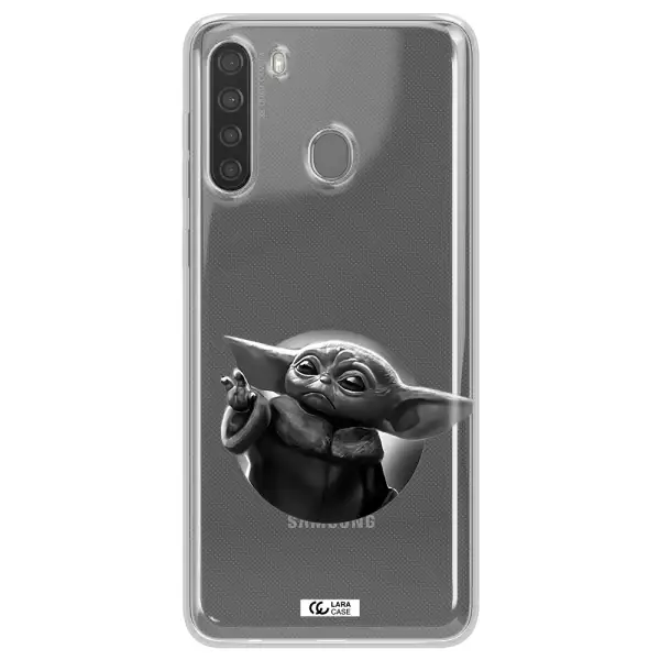 a black and white image of a baby yoda Samsung A21 Clear TPU Case