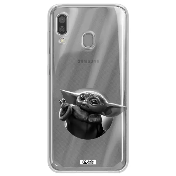 a black and white image of a baby yoda Samsung A30 Clear TPU Case