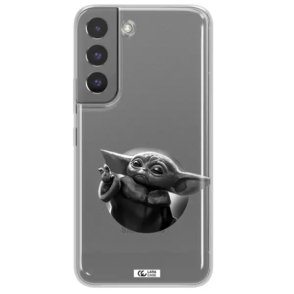 a black and white image of a baby yoda Samsung S 22 Clear TPU Case