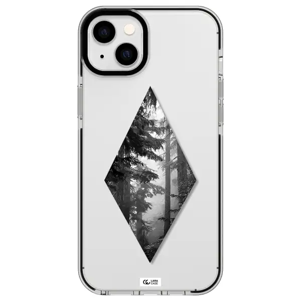 a diamond shaped image of trees Apple iPhone 14 plus impact black border Case