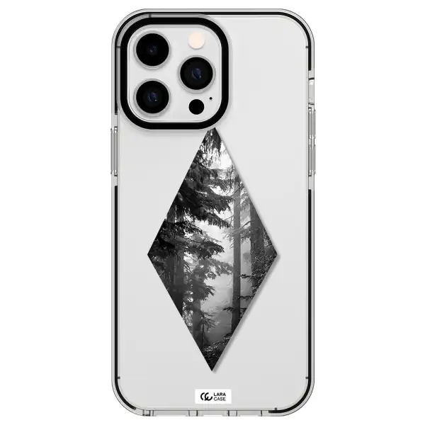 a diamond shaped image of trees Apple iPhone 15 Pro impact black border Case