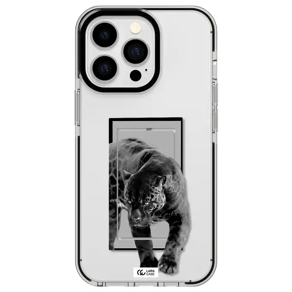 a black tiger with spots on its face Apple iPhone 13 Pro impact black border Case