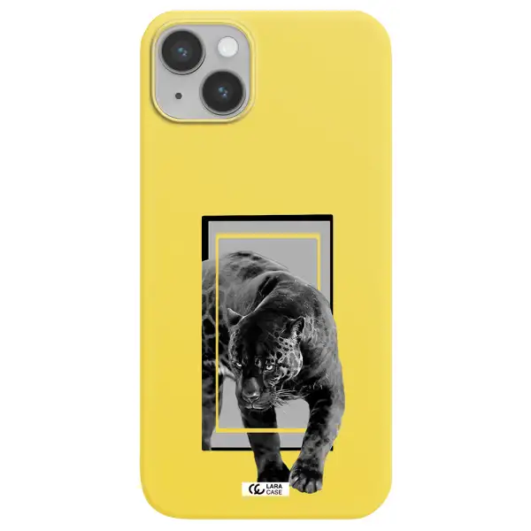 a black tiger with spots on its face Apple iPhone 14 plus Silicone canary yellow Case