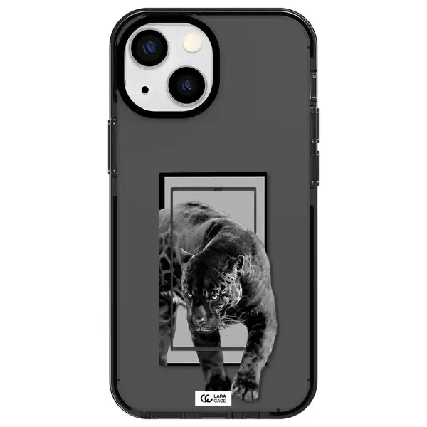 a black tiger with spots on its face Apple iPhone 15 impact Smoke Black Case