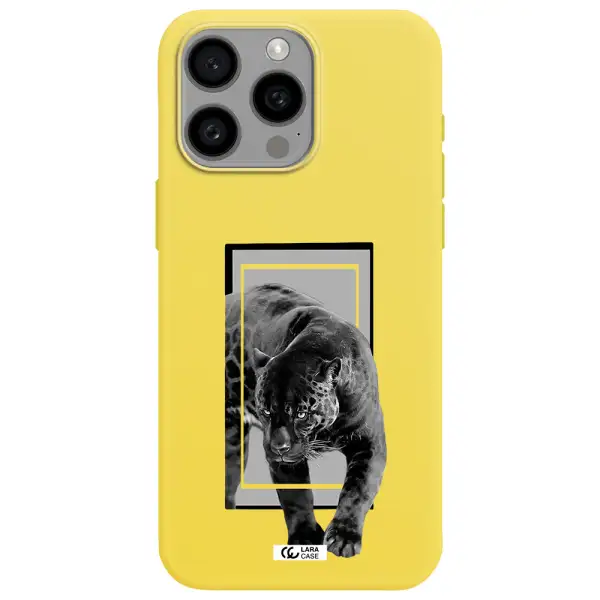 a black tiger with spots on its face Apple Iphone 15 Pro max Silicone canary yellow Case
