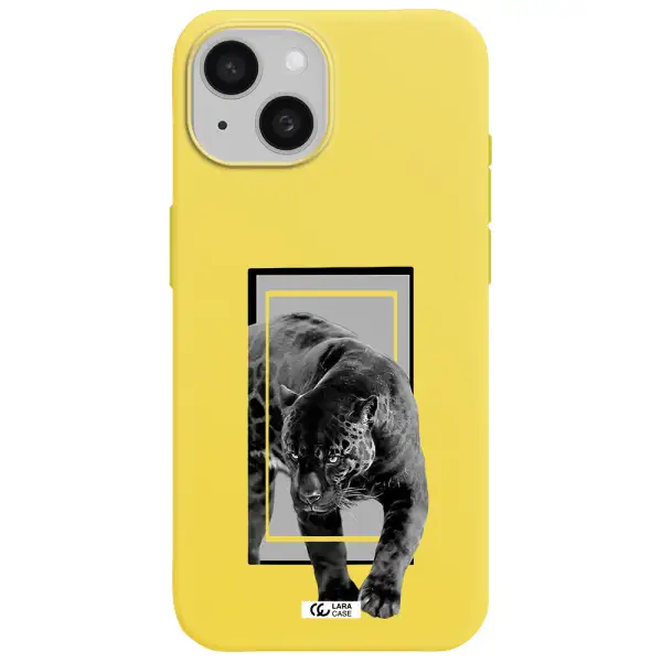 a black tiger with spots on its face Apple iPhone 15 Silicone canary yellow Case