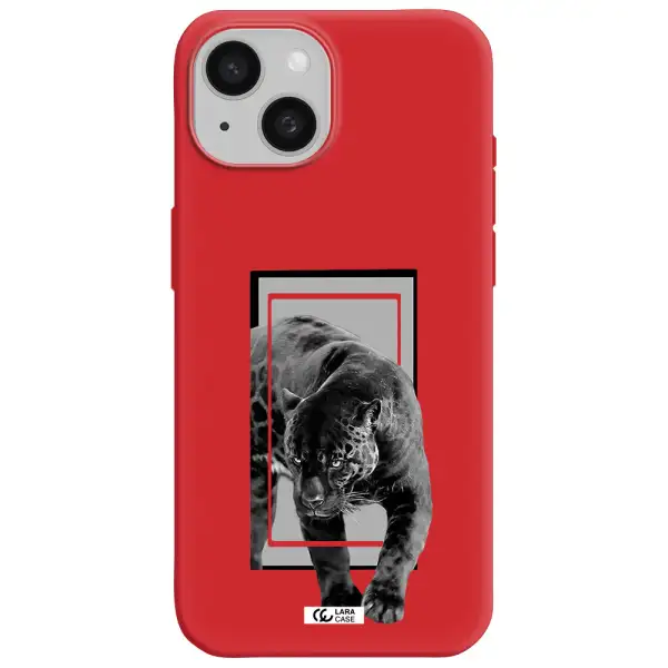 A Black Tiger With Spots On Its Face Apple Iphone 15 Silicone Imperial Red Case