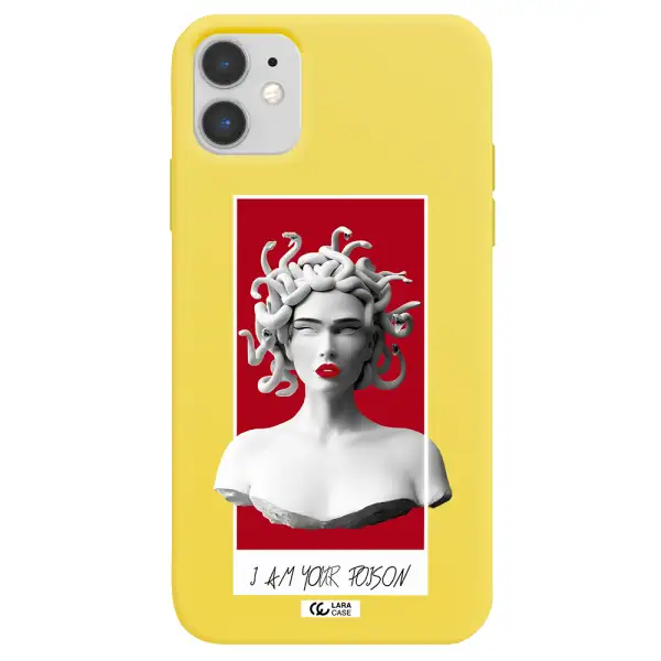 a statue of a woman with snakes on her head Apple iPhone 11 Silicone canary yellow Case