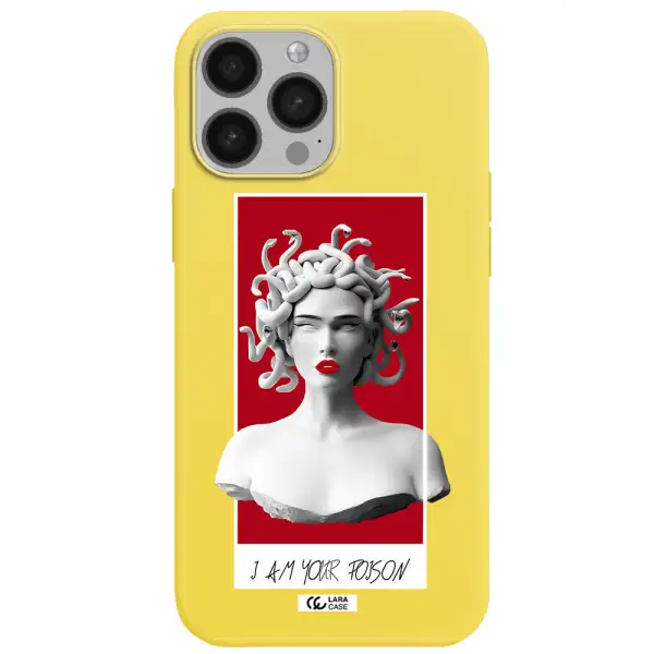 a statue of a woman with snakes on her head Apple iPhone 13 Pro Max Silicone canary yellow Case