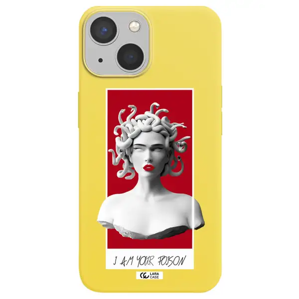 a statue of a woman with snakes on her head Apple iPhone 13 Silicone canary yellow Case
