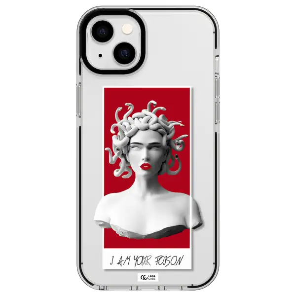 a statue of a woman with snakes on her head Apple iPhone 14 plus impact black border Case
