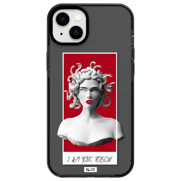 a statue of a woman with snakes on her head Apple iPhone 14 plus impact Smoke Black Case