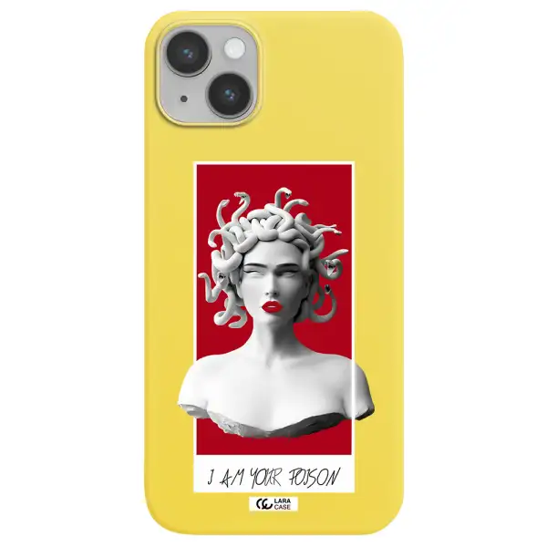 a statue of a woman with snakes on her head Apple iPhone 14 plus Silicone canary yellow Case