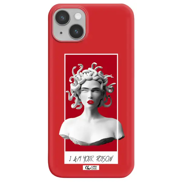 a statue of a woman with snakes on her head Apple iPhone 14 plus Silicone Imperial Red Case