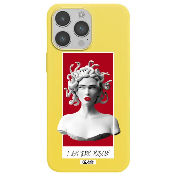a statue of a woman with snakes on her head Apple iPhone 14 pro Silicone canary yellow Case