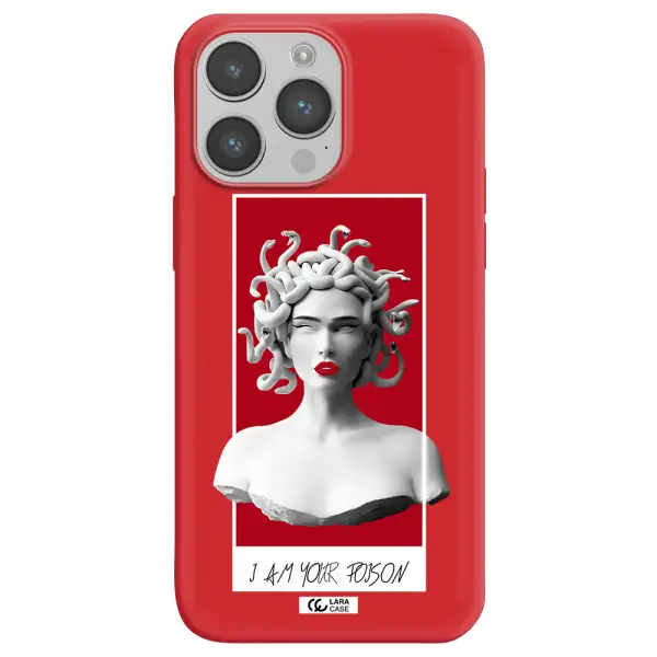 a statue of a woman with snakes on her head Apple iPhone 14 pro Silicone Imperial Red Case