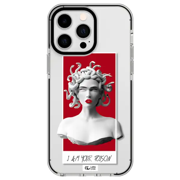 a statue of a woman with snakes on her head Apple iPhone 15 Pro impact black border Case