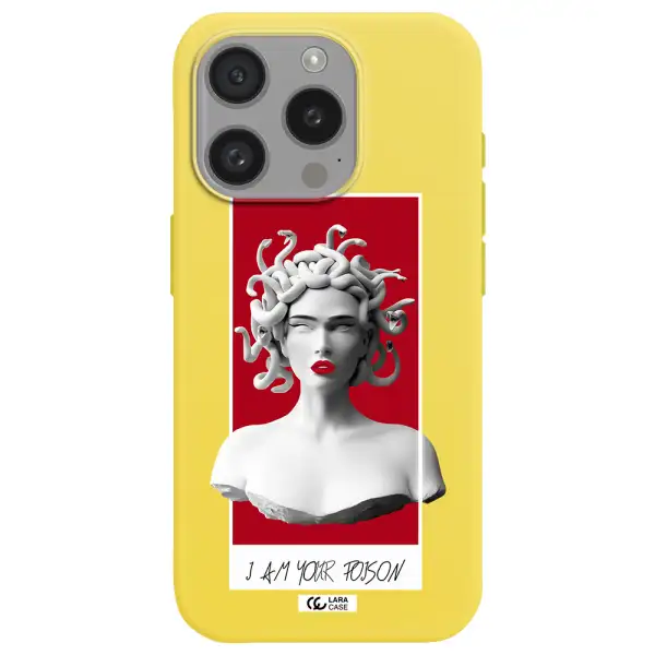 A Statue Of A Woman With Snakes On Her Head Apple Iphone 15 Pro Silicone Canary Yellow Case