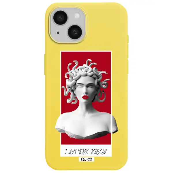 a statue of a woman with snakes on her head Apple iPhone 15 Silicone canary yellow Case