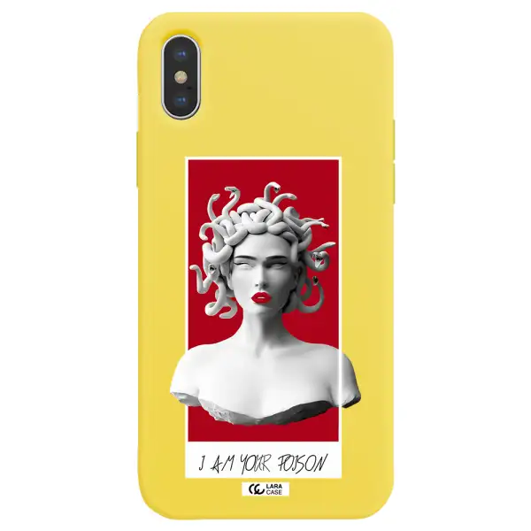 a statue of a woman with snakes on her head Apple iPhone XS Silicone canary yellow Case