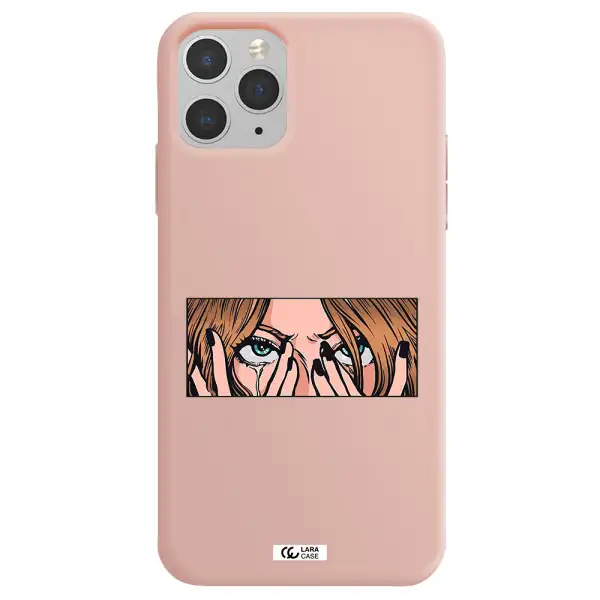 a cartoon of a woman holding her eyes Apple iPhone 11 pro Silicone pastel pink Case