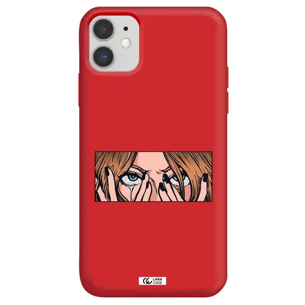 a cartoon of a woman holding her eyes Apple iPhone 11 Silicone Imperial Red Case