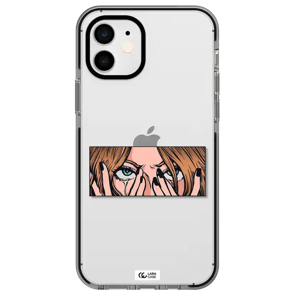 a cartoon of a woman holding her eyes Apple iPhone 12 impact black border Case