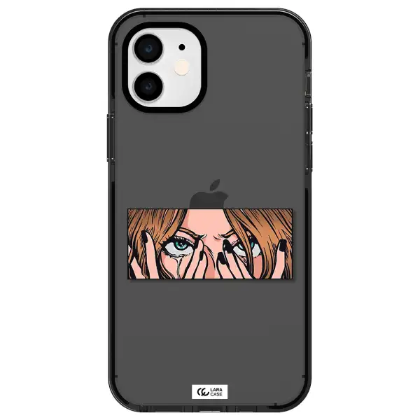 a cartoon of a woman holding her eyes Apple iPhone 12 impact Smoke Black Case