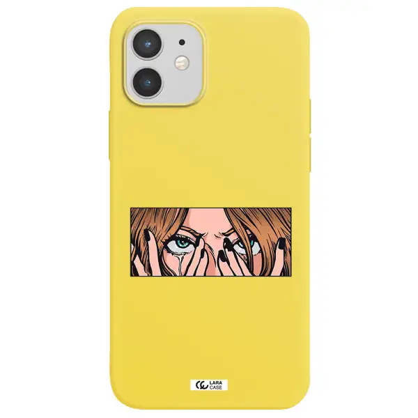 a cartoon of a woman holding her eyes Apple iPhone 12 mini Silicone canary yellow Case