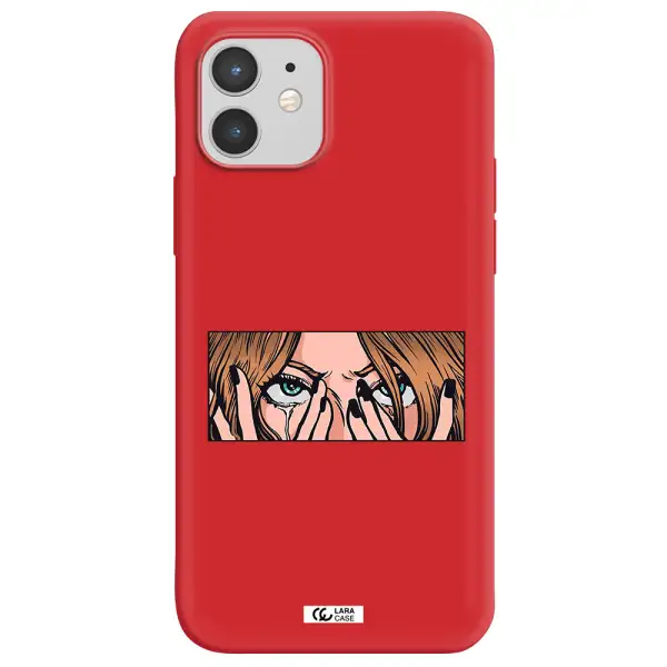 a cartoon of a woman holding her eyes Apple iPhone 12 mini Silicone Imperial Red Case