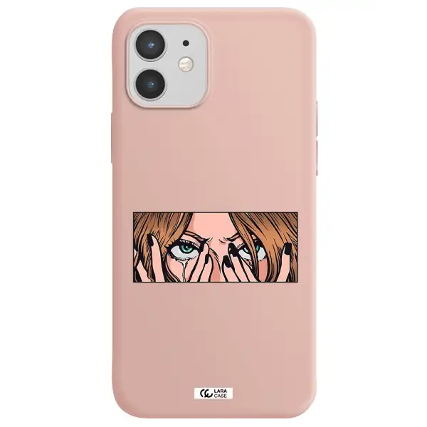 a cartoon of a woman holding her eyes Apple iPhone 12 mini Silicone pastel pink Case