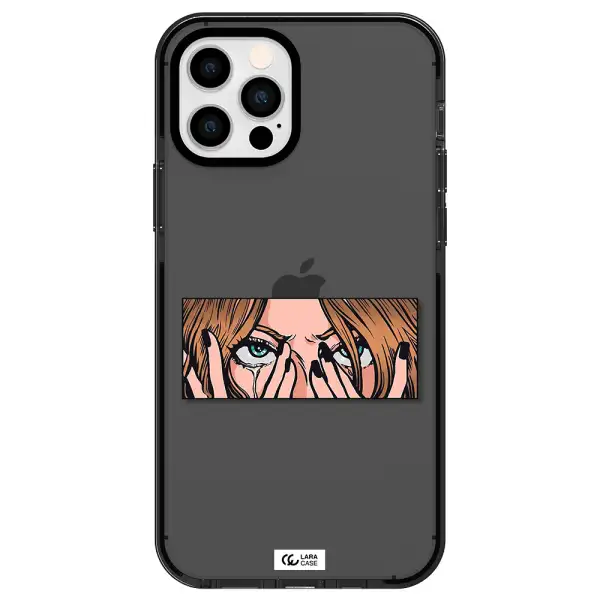 a cartoon of a woman holding her eyes Apple iPhone 12 pro impact Smoke Black Case