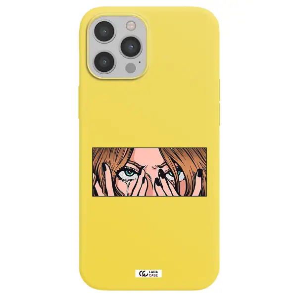 a cartoon of a woman holding her eyes Apple iPhone 12 pro Silicone canary yellow Case