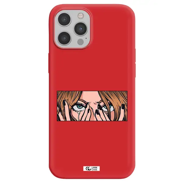 a cartoon of a woman holding her eyes Apple iPhone 12 pro Silicone Imperial Red Case