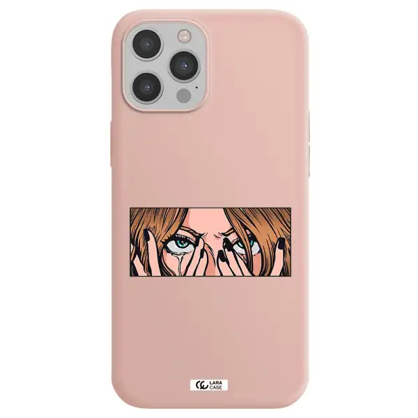 a cartoon of a woman holding her eyes Apple iPhone 12 pro Silicone pastel pink Case