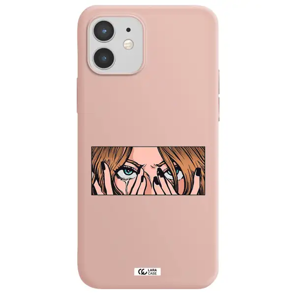 a cartoon of a woman holding her eyes Apple iPhone 12 Silicone pastel pink Case
